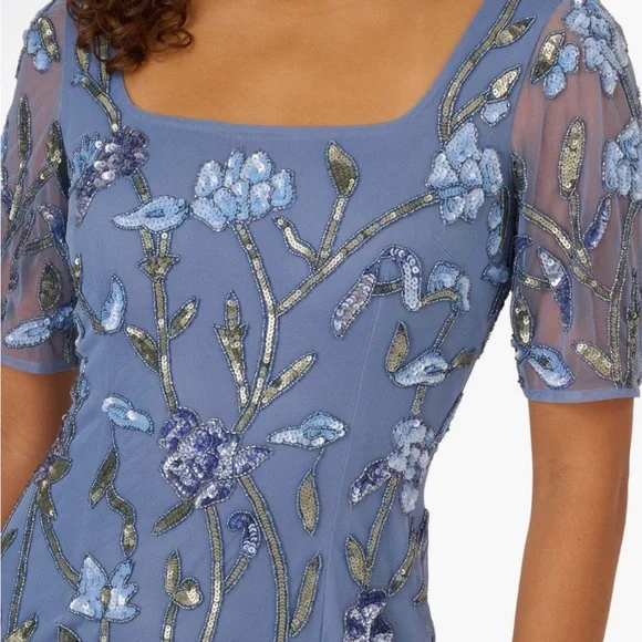sachin and babi light blue dress Adrianna Papell Beaded Blue Floral Short Sleeve Evening Gown Size 10 NWT MOB